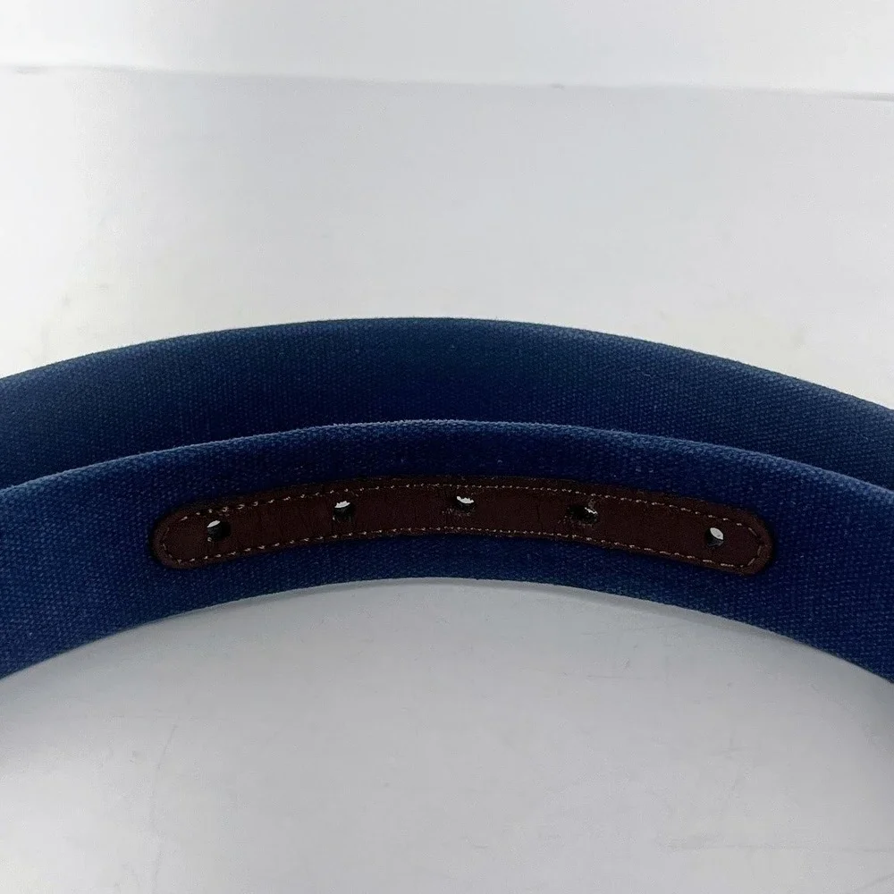 Nautica Mens Belt Brown‎ Leather Blue Canvas Silver Buckle Size 40